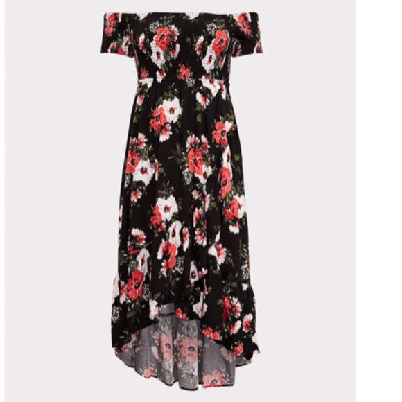 Torrid Black Floral Hi-Lo, Off-the-Shoulder Dress, Sz 2x, fits 18/20 - Picture 3 of 15